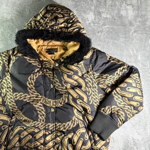 Y2K Rocawear Gold Chain Print Faux Fur Hood Puffer Jacket Womens 1X Bomber (read